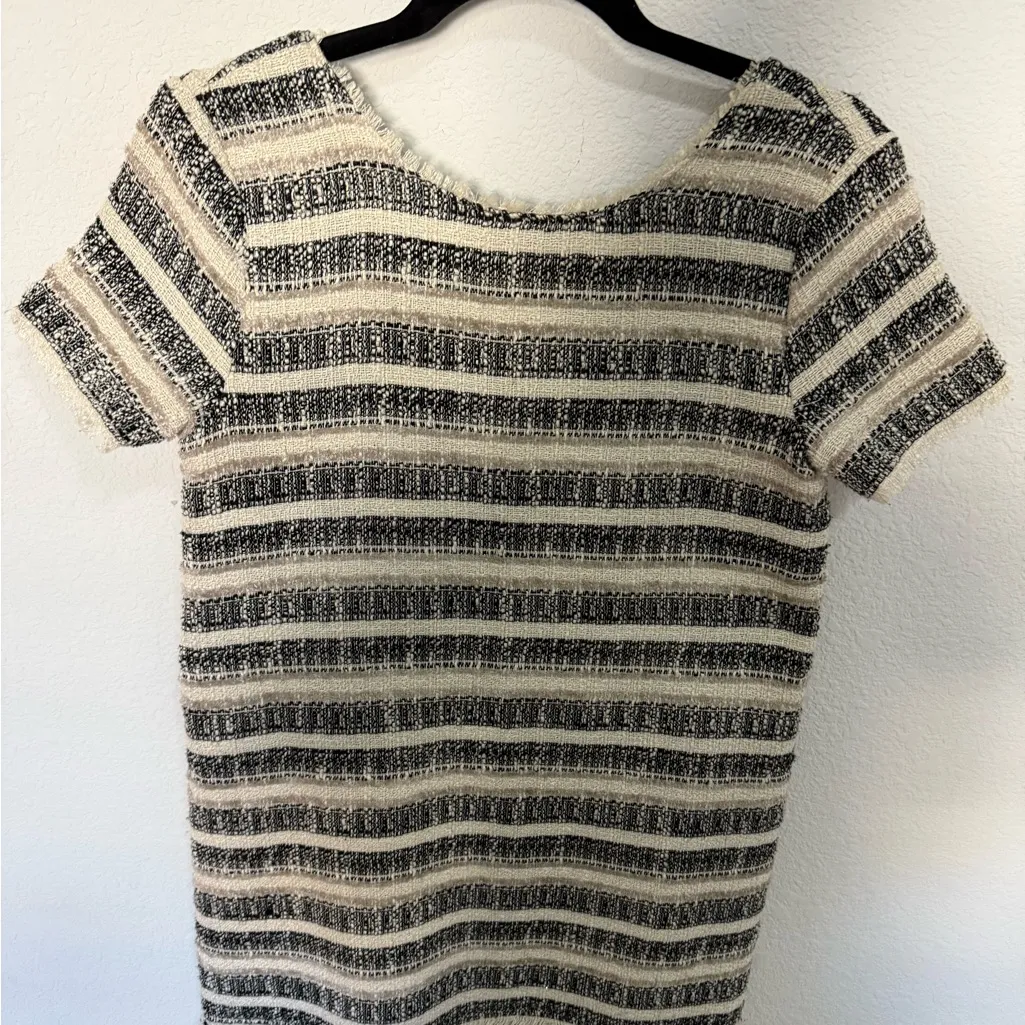 ZARA Low Back Cream Black Striped Tweed Shift Tunic
Mini Dress Fringe Detail XS - Image 5