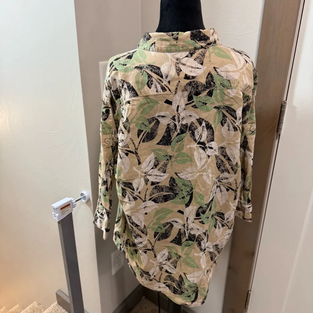 Woolrich Woman‎ 3/4 Sleeve Button Down Blouse Khaki Mix Floral Leaves Neutral XL - Image 7