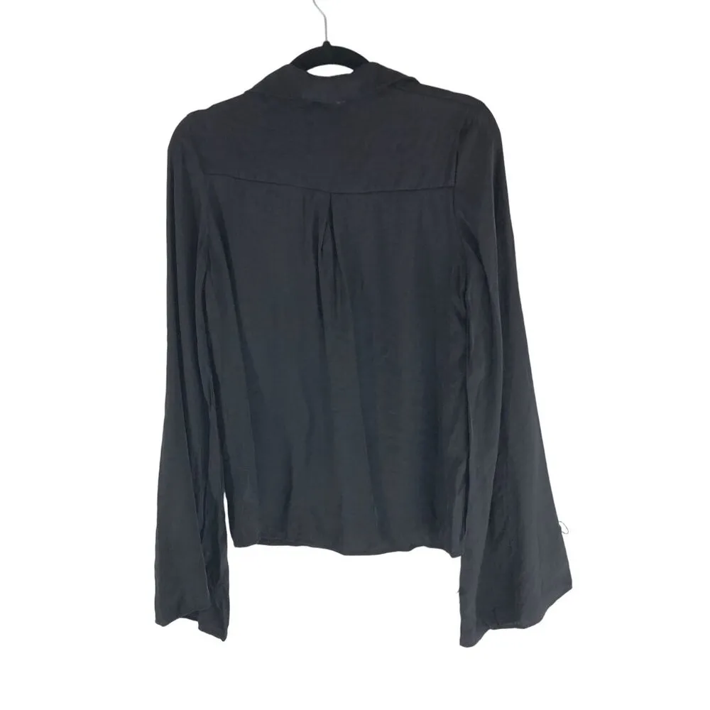 Princess Polly Womens Blouse Top Flared Sleeve Button Down Satin Black 2 - Image 3