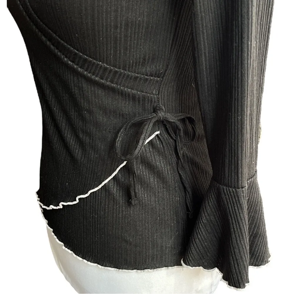 Almost Famous Ribbed Bell Sleeve Faux Wrap Shirt Black Size Small - Image 2