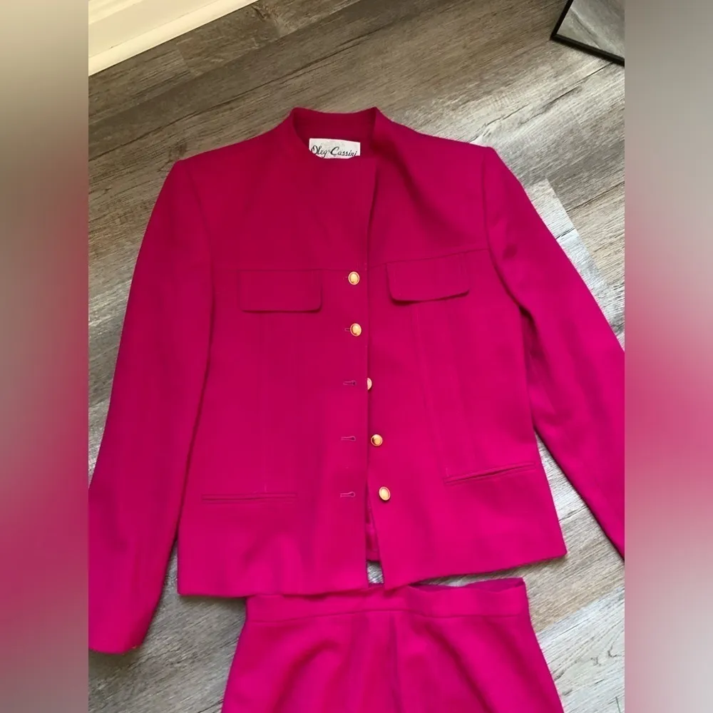 VTG Oleg Cassini Blazer Suit Wool Set Skirt Magenta Fuschia Pink Size 10 S M - Image 3