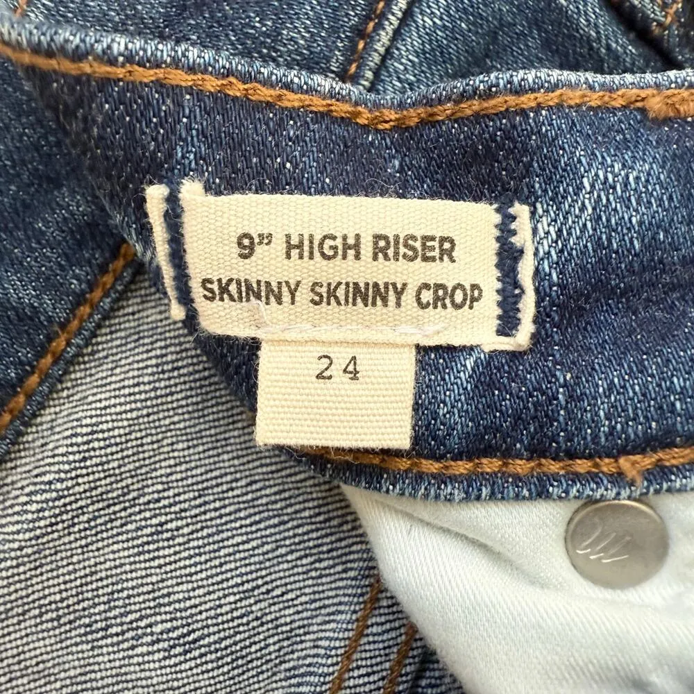 Madewell 9" High-Rise Skinny Crop Blue Jeans Cutoff Hem Distressed Knee, Size 24 - Image 5