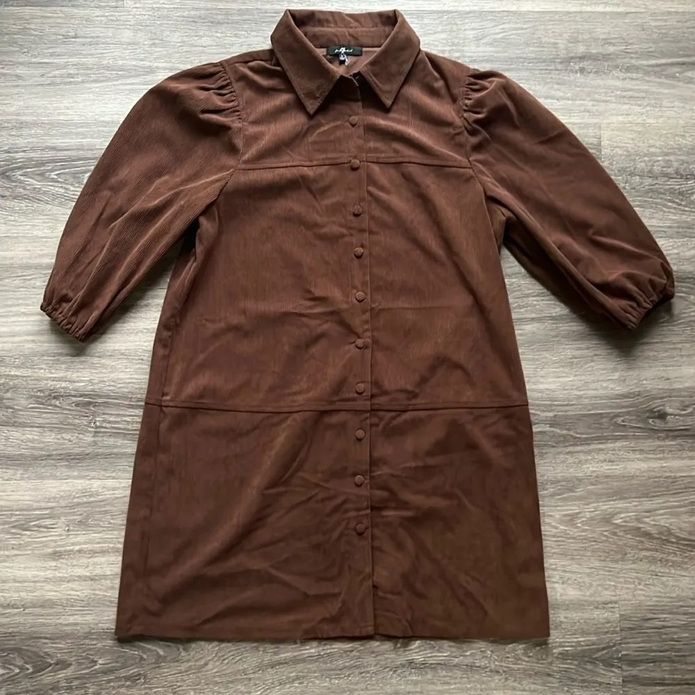 7FAMK Brown Corduroy Shirt Mini Dress with Puffed Sleeves Large - Image 2