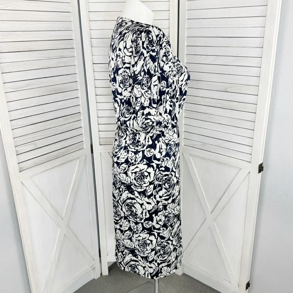 Vintage‎ Henry Lee Floral Satin Jacquard Pleated Puff Sleeve Dress Blue White 12 Blue - Image 3