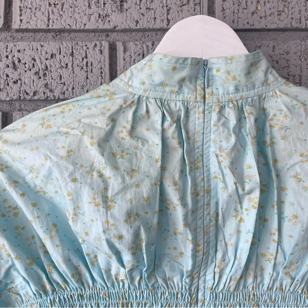 NWT Ganni Shirred Floral Organic Cotton Blend Poplin Blouse Puff Sleeve Blue - Image 6