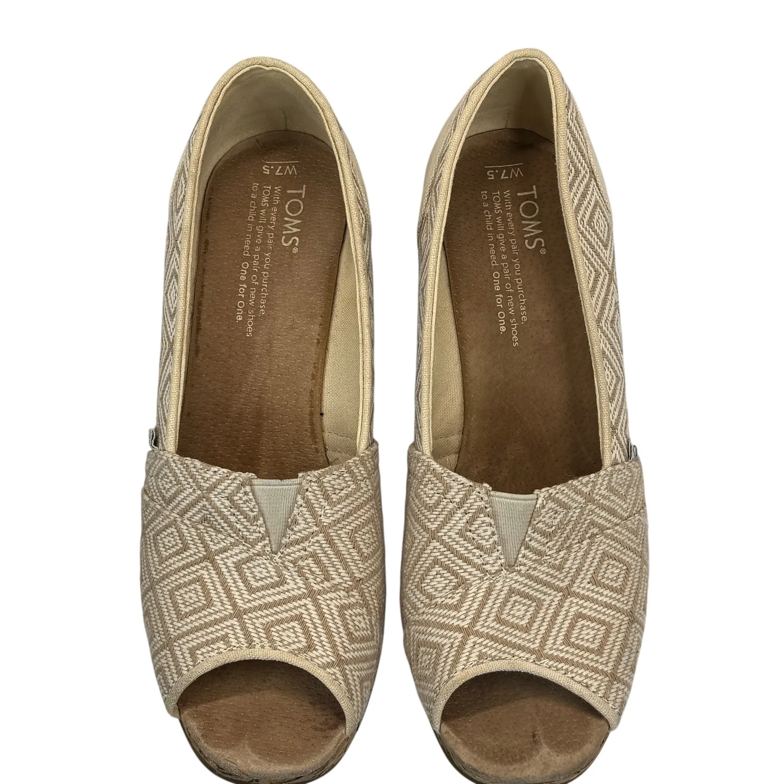 TOMS Strappy Cork Wedge Sandals Sz 7 Beige Ikat Canvas Peep‎ Toe Espadrille Boho - Image 3