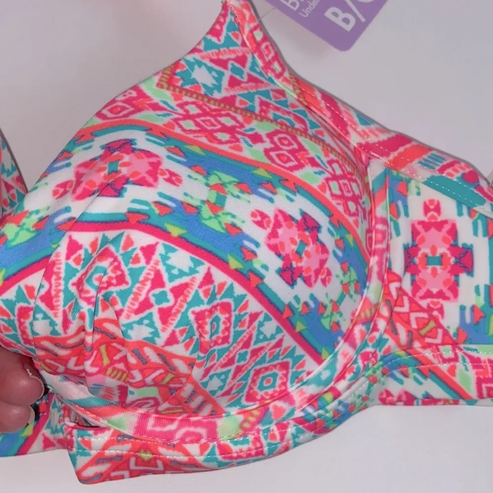 NWT 34B/C Coco Rave halter push-up bikini top hot pink orange ruched middle - Image 3