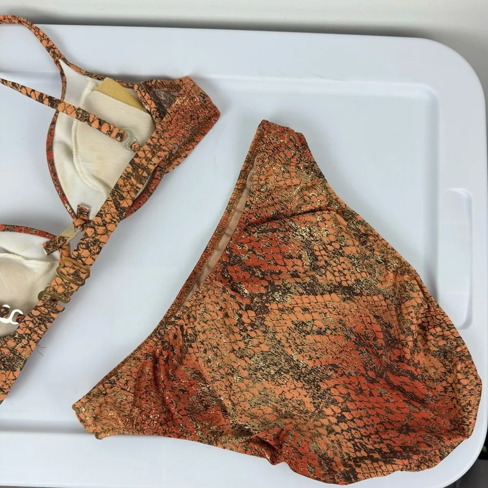 Vtg Venus Womens Orange Gold Metallic Snakeskin Bikini Set Sz A Cup Large - Image 14