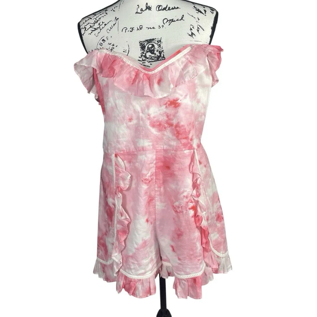 NWOT Lovers + Friends‎ Anniston Romper XL Pink  Tie Dye Ruffle Strapless No Belt - Image 2