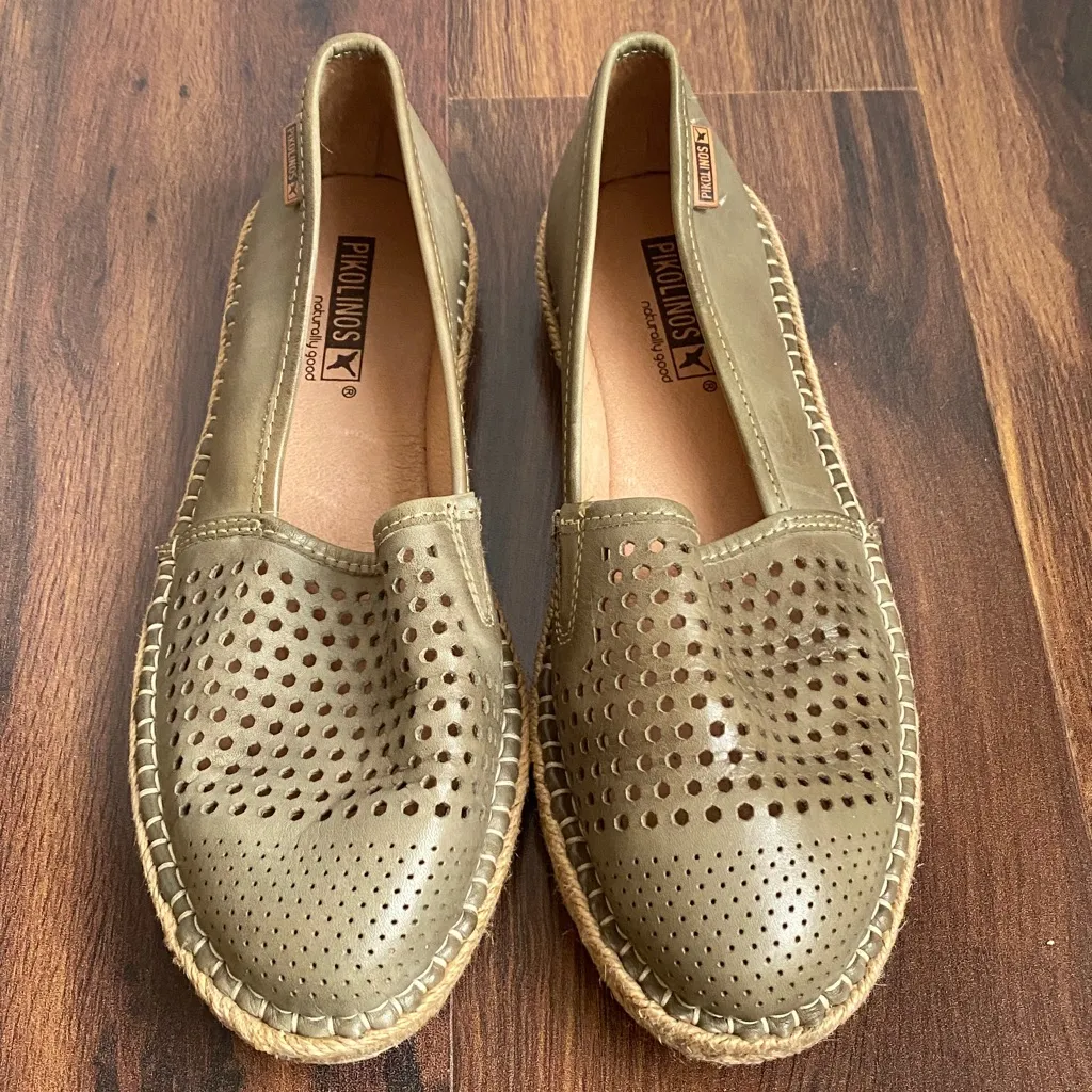Pikolinos Soft Leather Perforated Slip On Loafers Jute Woven Bottom Size 38 Green - Image 4