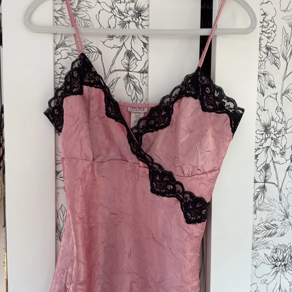 Y2k vintage satin crinkle lace trim babydoll tank Pink Size L - Image 3