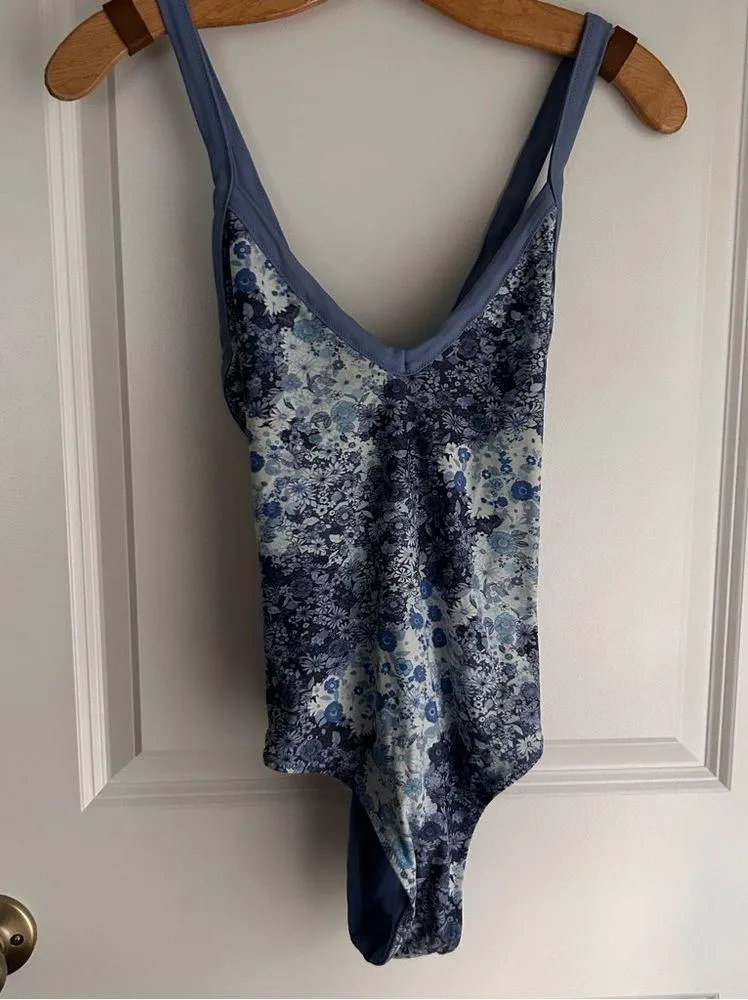 Aerie  baby blue micro multi floral strappy back vneck plunge one piece swimsuit - Image 4