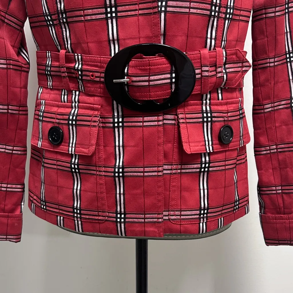 Doncaster Sport Red Black White Plaid Removable Belt Wide Collar Short Jacket 4 - Image 3