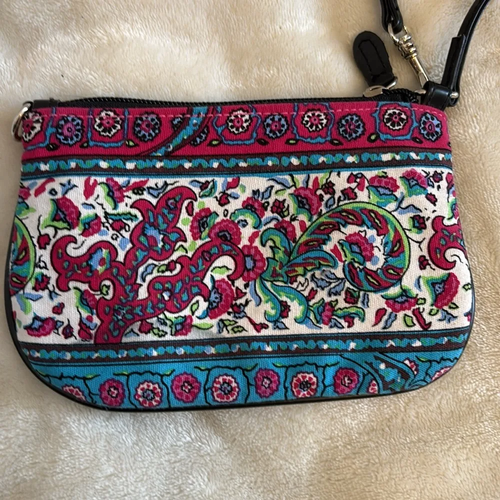 PINK AND BLUE FLORAL DESIGN WRISTLET WITH SOME BEADS ON ONE SIDE AND BLACK STRAP - Image 2