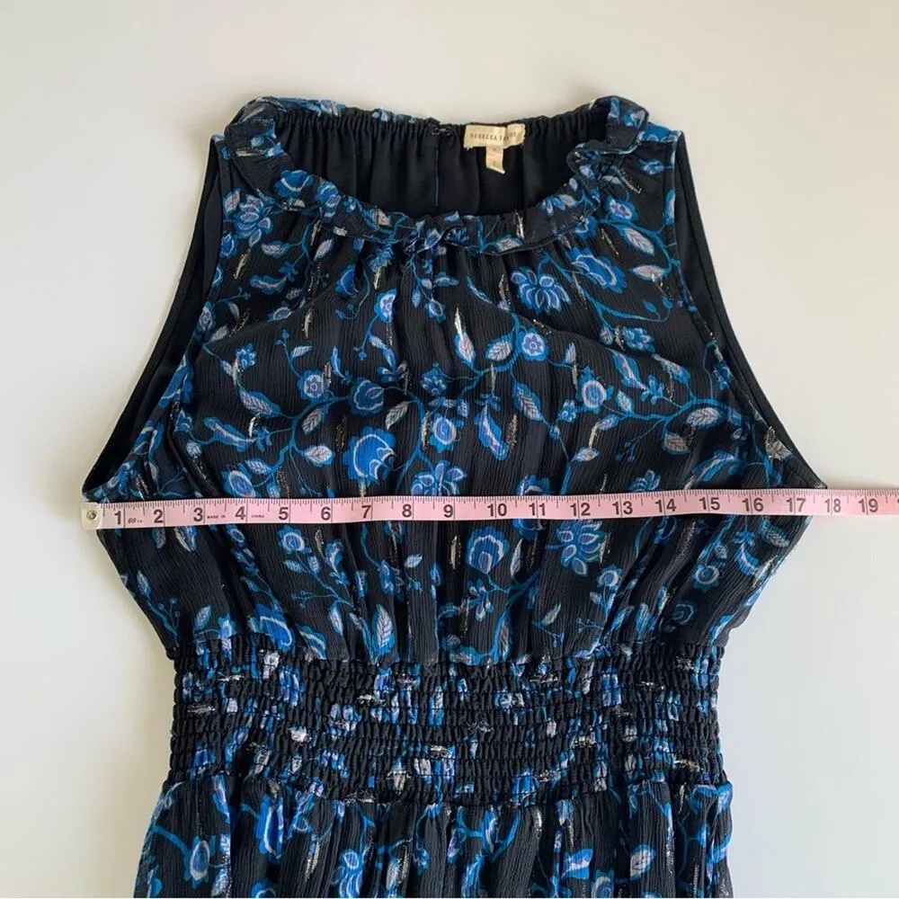 Rebecca Taylor Kyoto Sleeveless Black & Blue Floral Print Metallic Smocked Dress - Image 4