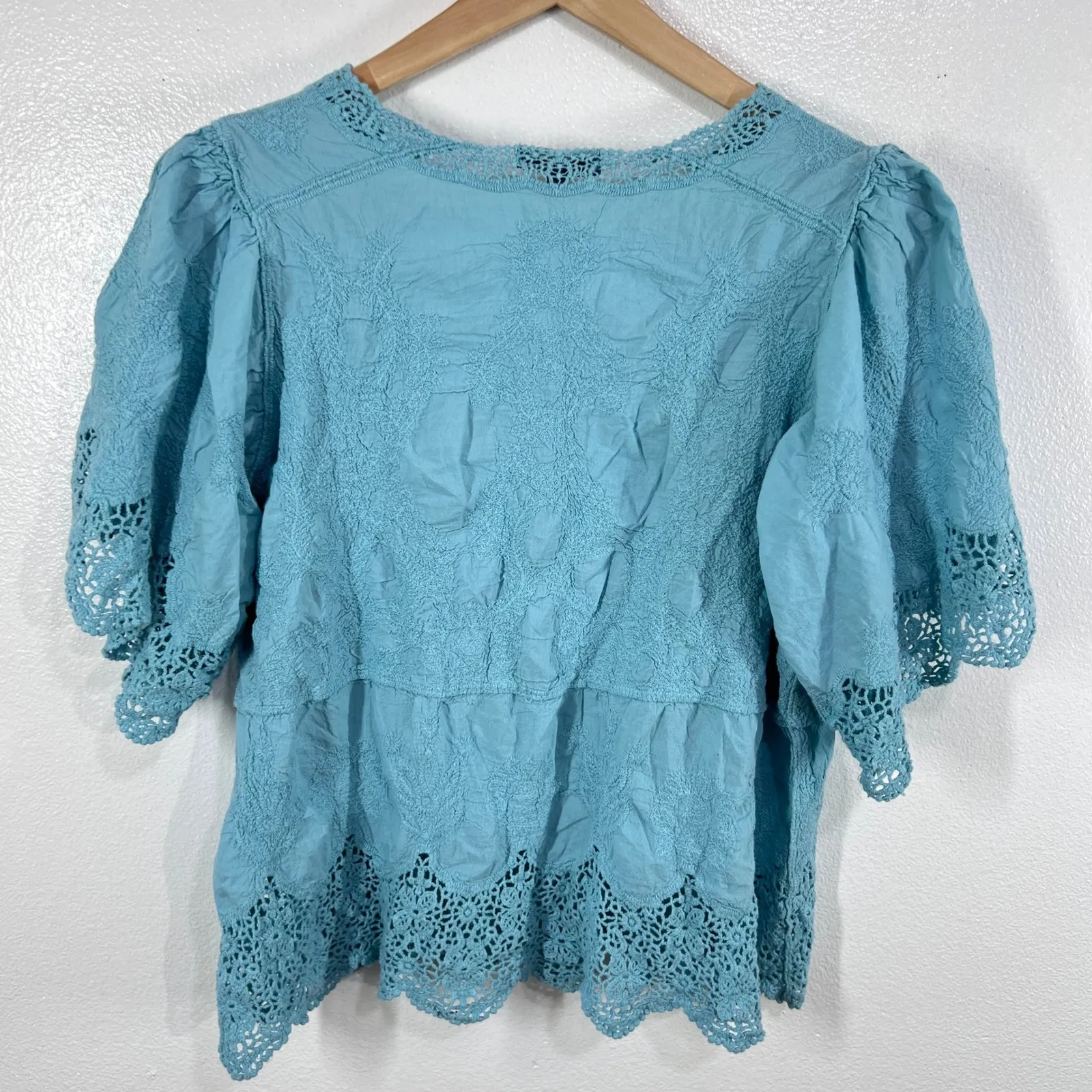 Democracy Women's 1X Blue‎ Lace Embroidered Peasant Blouse Top Cotton Boho - Image 3