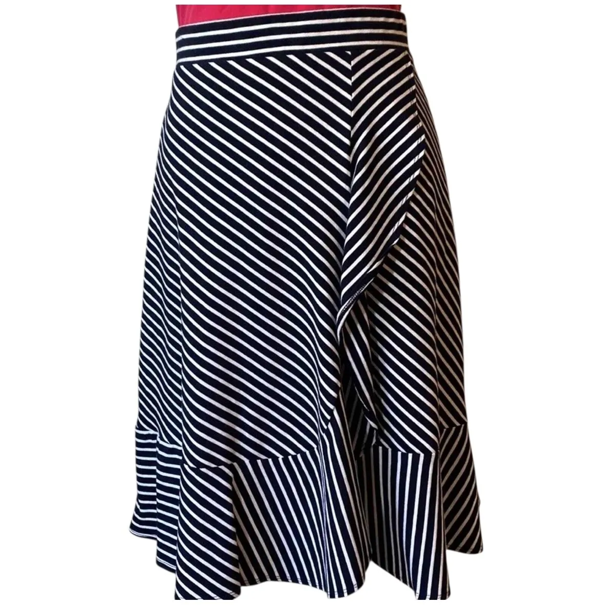 Talbots Navy White Striped Ruffle‎ Hem Midi Skirt Career Casual Women - Image 2