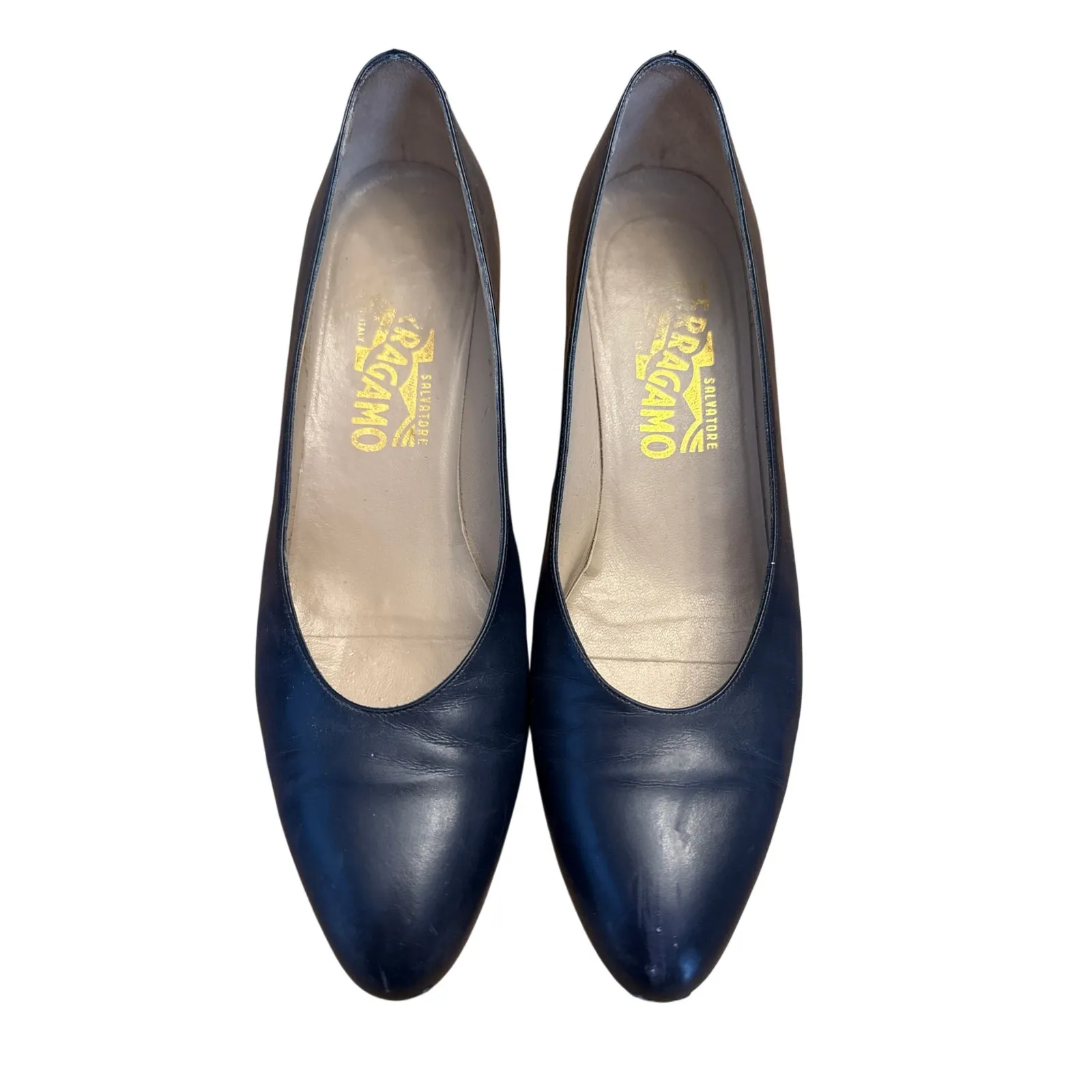 Salvatore Ferragamo Blue Leather Pumps Women’s Size 7.5 AA Low Block Heel Italy - Image 2