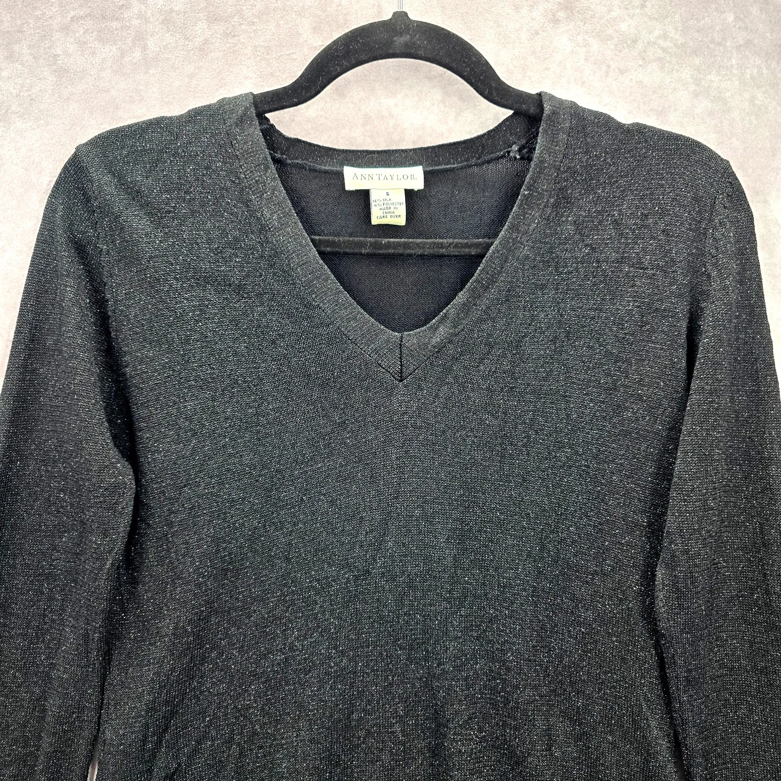 Ann Taylor Black Silver Metallic Long Sleeve Pullover Party Silk Sweater S Small - Image 3