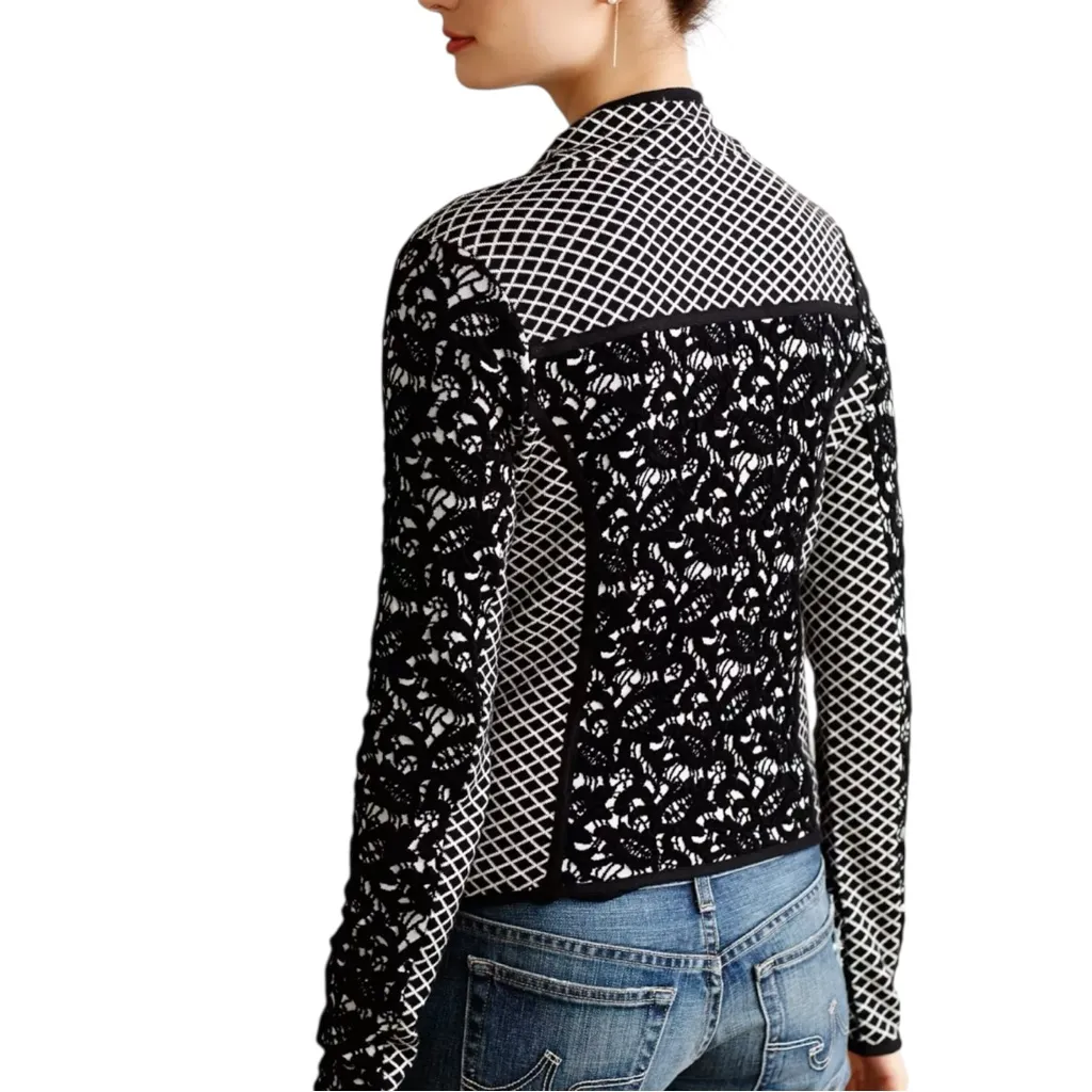 MOTH | Anthropologie Black Jacquard Lace Moto Jacket size SP - Image 6