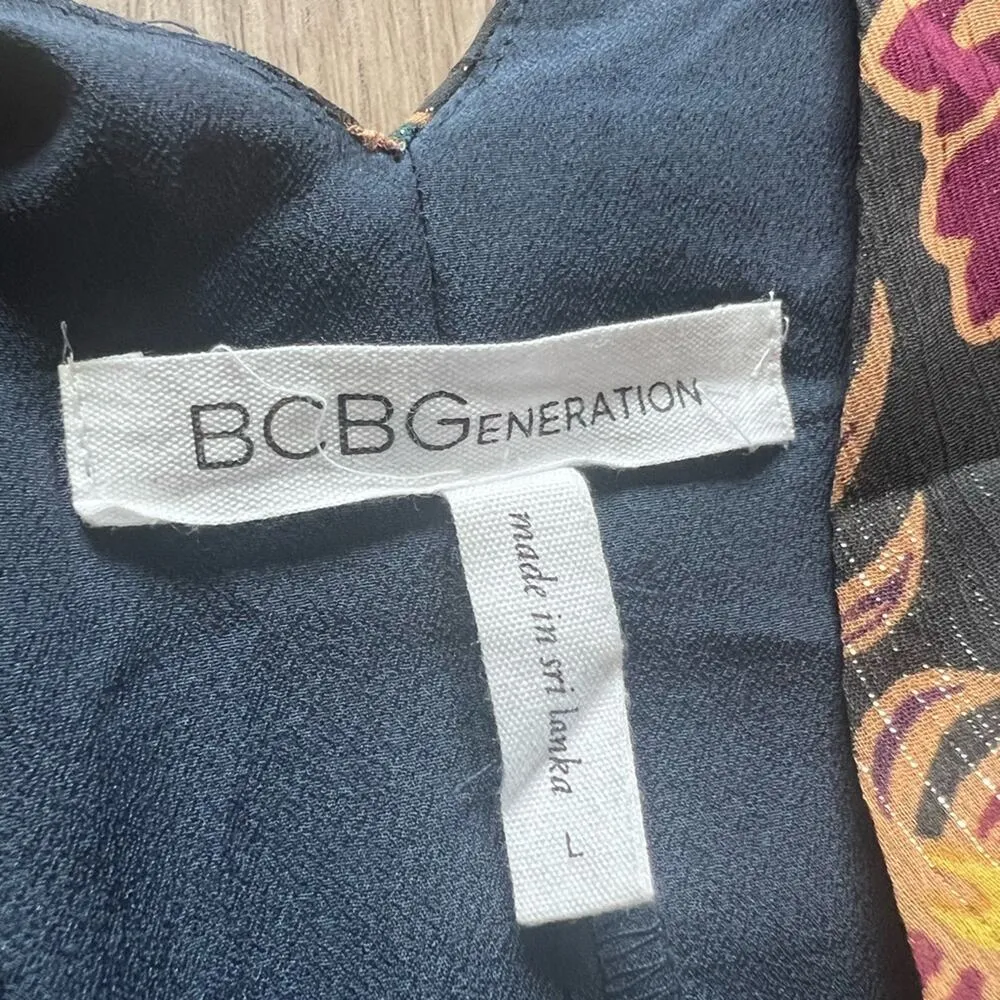 BCBGeneration Navy Blue/Black Metallic Floral Dress, Size Large, Mini Longsleeve - Image 6