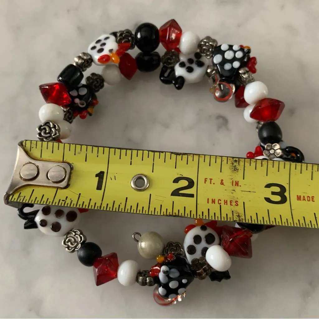 Rooster Chicken Lampwork Studio Glass Beaded Bracelet Red Black White Wire - Image 4