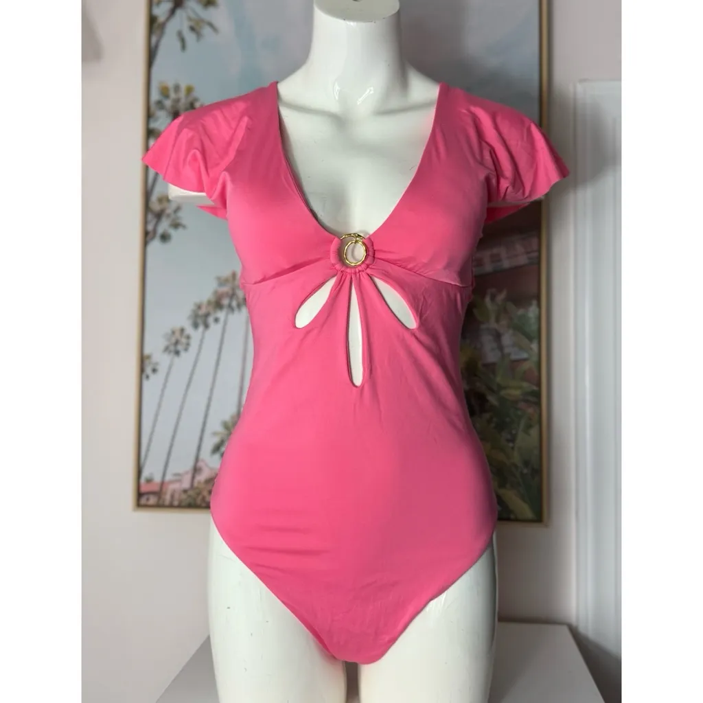 Trina Turk Pink Flutter Sleeve V-Neck One Piece Swimsuit Geranium Size 14 XL - Image 4