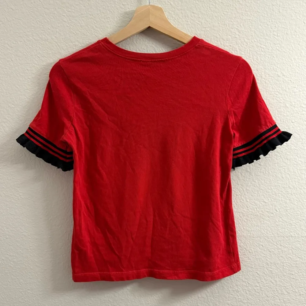 ZARA Ruffle Crew Neck Cropped Tee T-Shirt Contrast Size S Red Black - Image 3