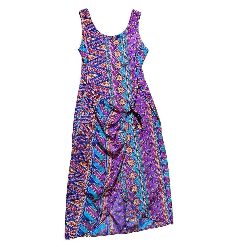 Vintage 90s La Belle Aztec Print Midi Dress Purple Magenta Boho Sz M Boho Indie Size M - Image 2