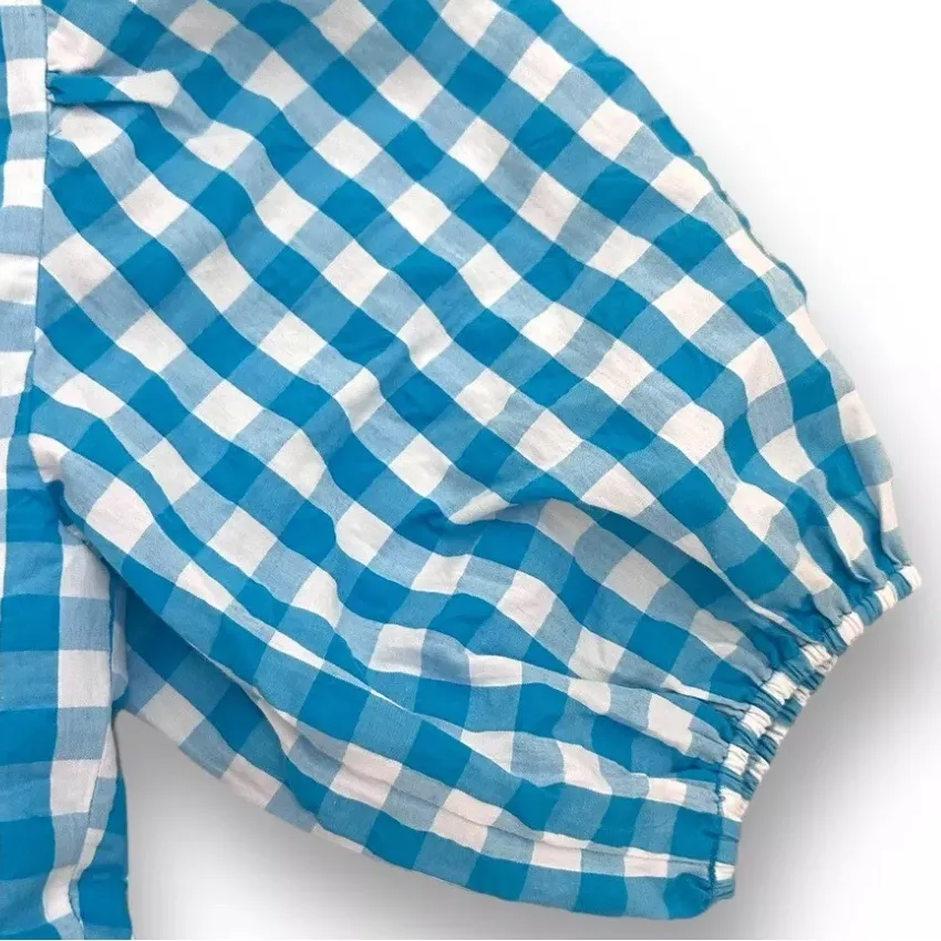 LILLY PULITZER SARAFINA BLUE GINGHAM CHECK BABYDOLL SHORT PUFF SLEEVE SMOCK TOP - Image 7