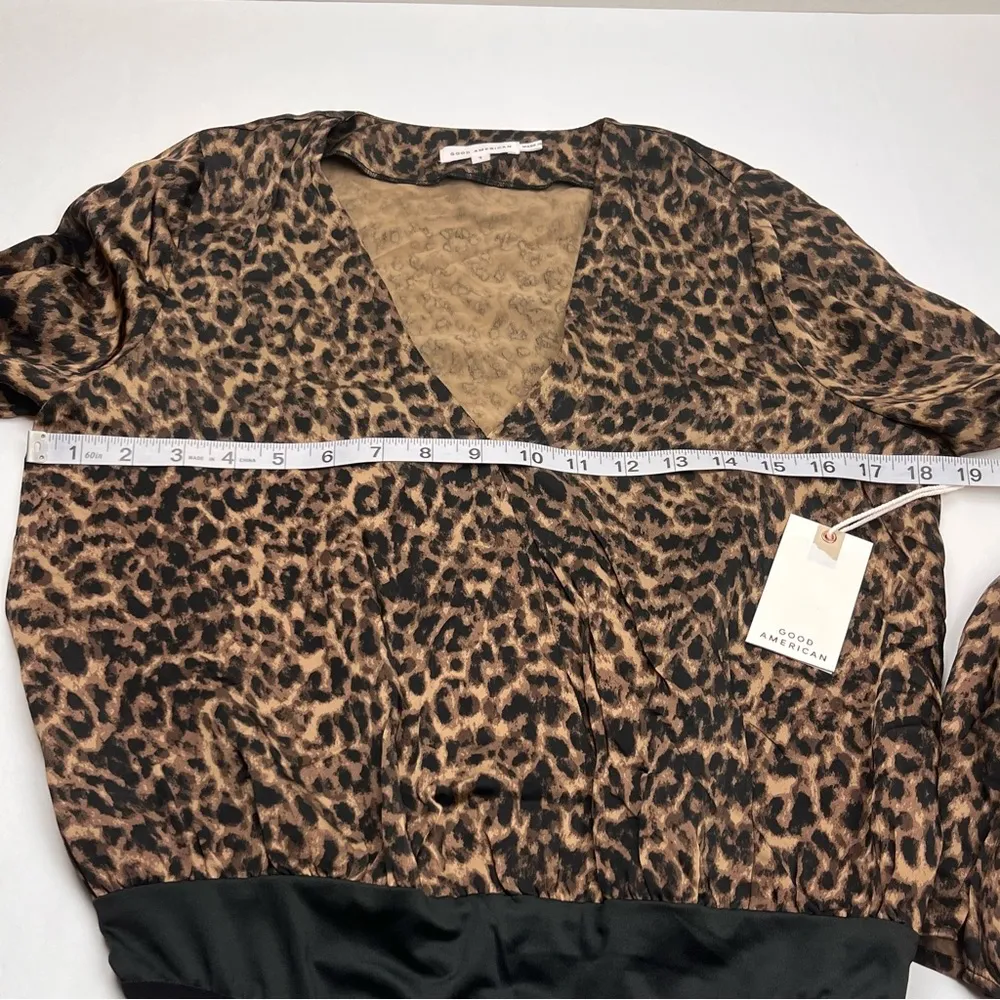 Good American Women SZ 1 Small Satin Wrap Bodysuit Sepia Leopard Long Sleeve NEW - Image 10