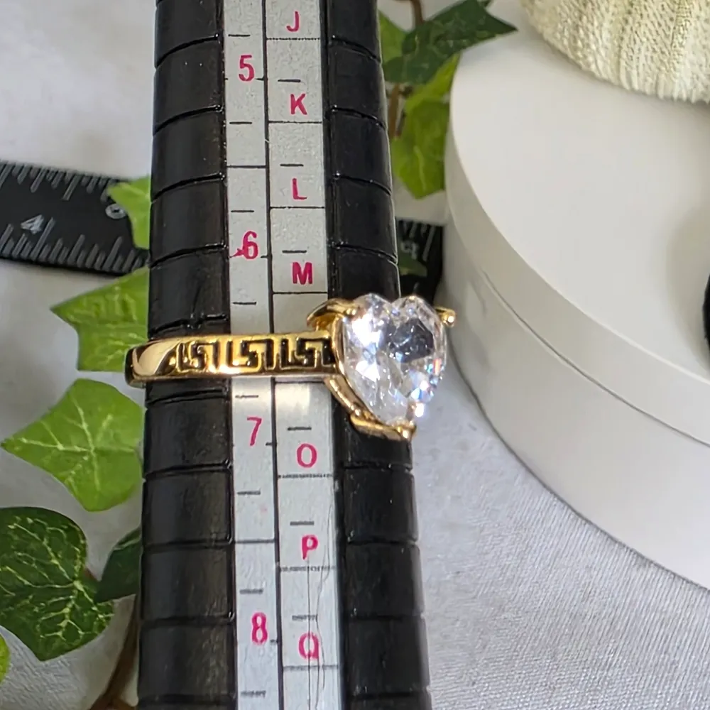Gold Filled Adjustable Ring Zircon Heart Greek Key Design - Image 4