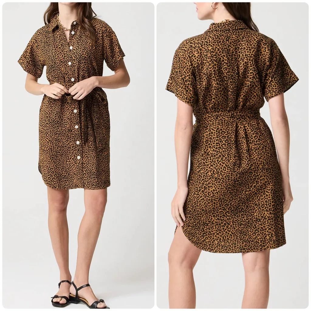 J.Crew Animal Print Linen-blend Belted Mini Shirt Dress Warm Brandy Black - Image 2
