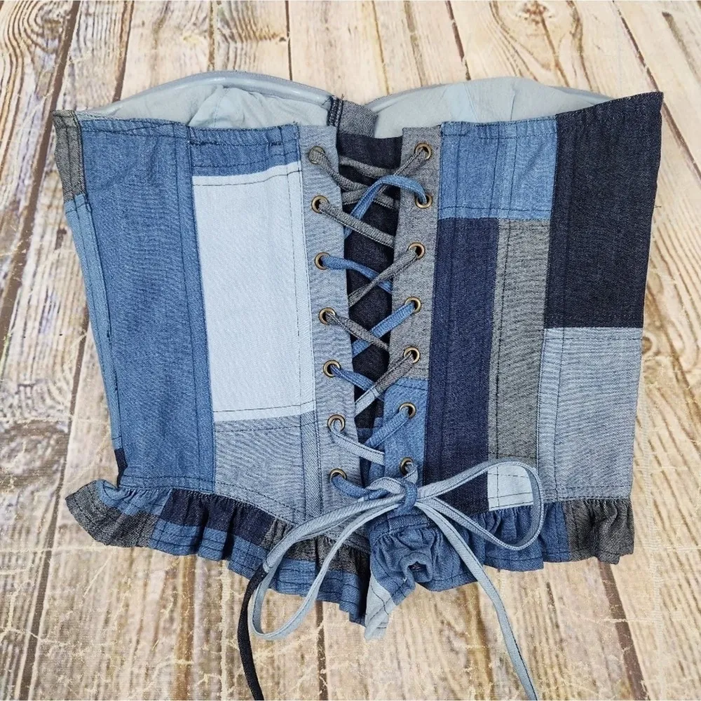 Love the Label Valeria Corset Top in Denim Patchwork Blue Size Small Strapless - Image 8