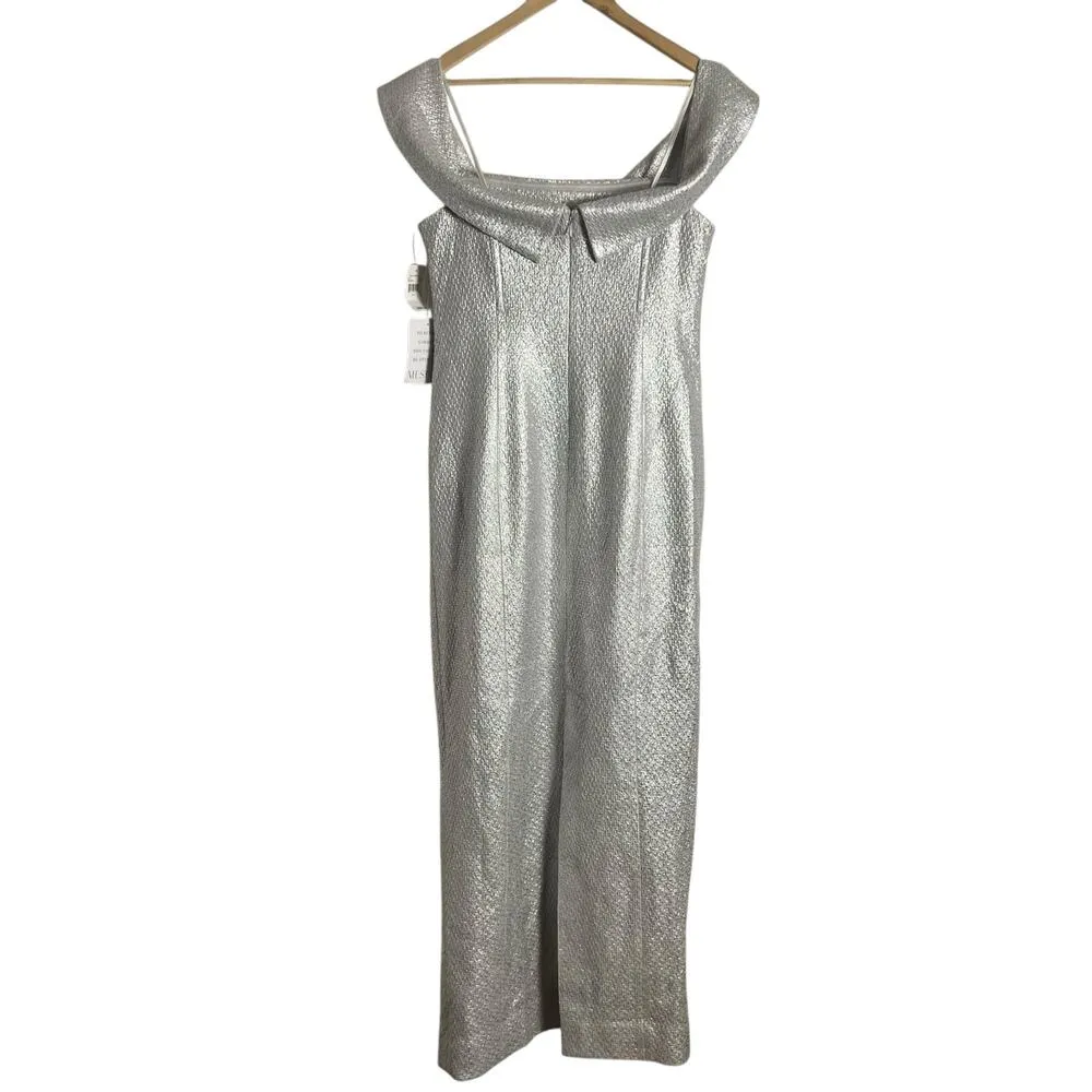 Mestiza New York Mona Silver Metallic Tweed Off the Shoulder Formal Gown 14 - Image 11