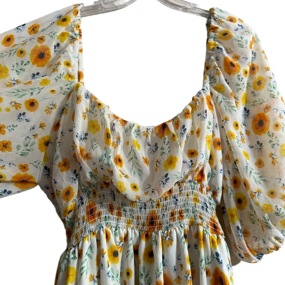 ASOS DESIGN Belted Mini Off Shoulder Dress in White and Yellow Botanical Floral - Image 5