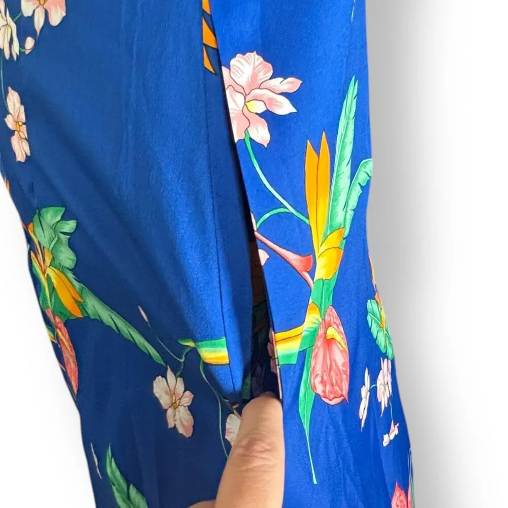 Vintage Made In Hawaii Maxi Dress Blue White Tropical Floral Lace Flutter Sleeve Size M - Image 8