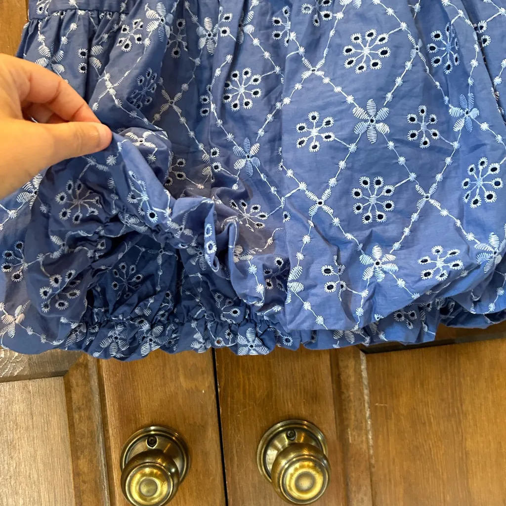 Zara Open work Embroidered Mini Dress Bubble Hem Drop Waist Blue Size XL - Image 6