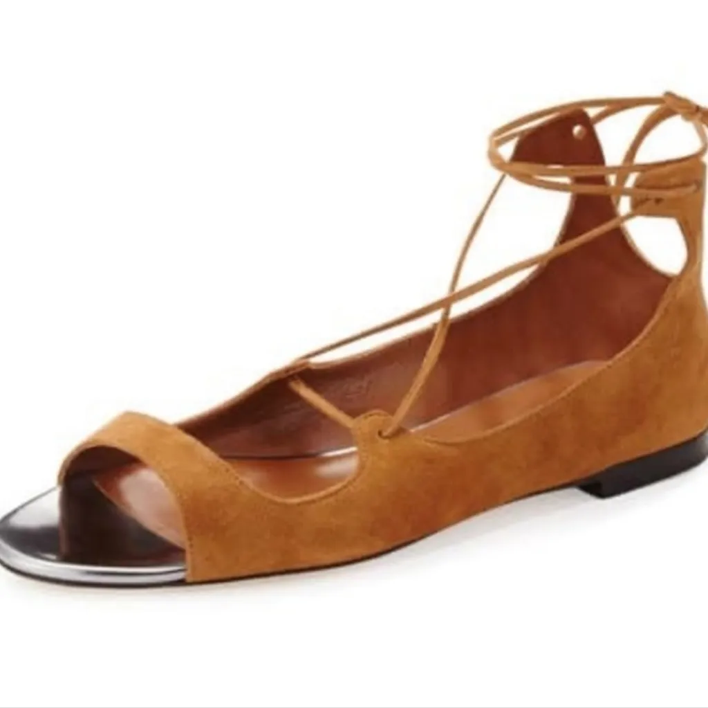 Jimmy Choo Women's 41.5 / 11 Vernie Flat Lace Up Sandals Shoes Tan Suede Leather - Image 12