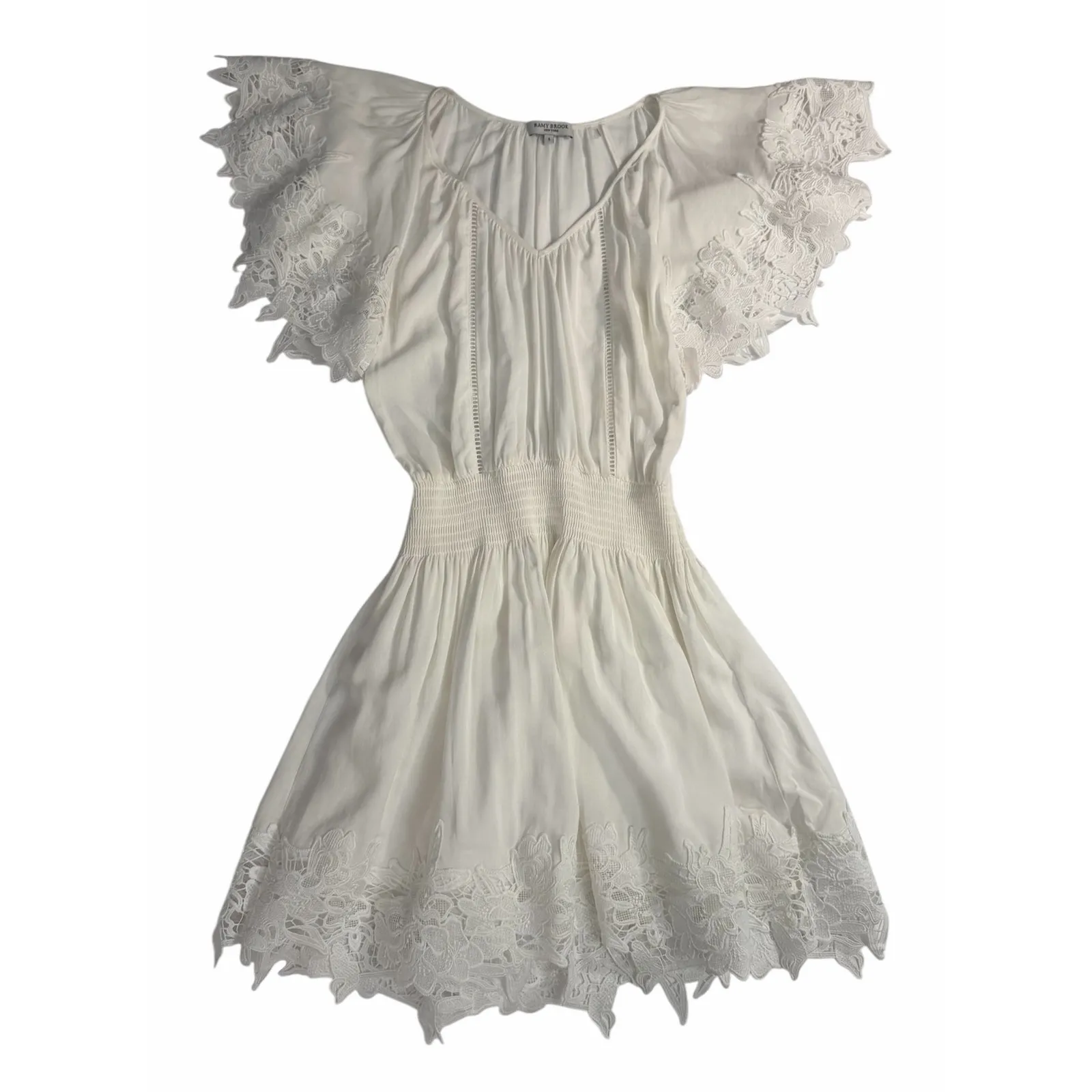 Ramy Brook Mini Dress Jacy Linen Blend Embroidered Lace Trim Smocked Waist - Image 8