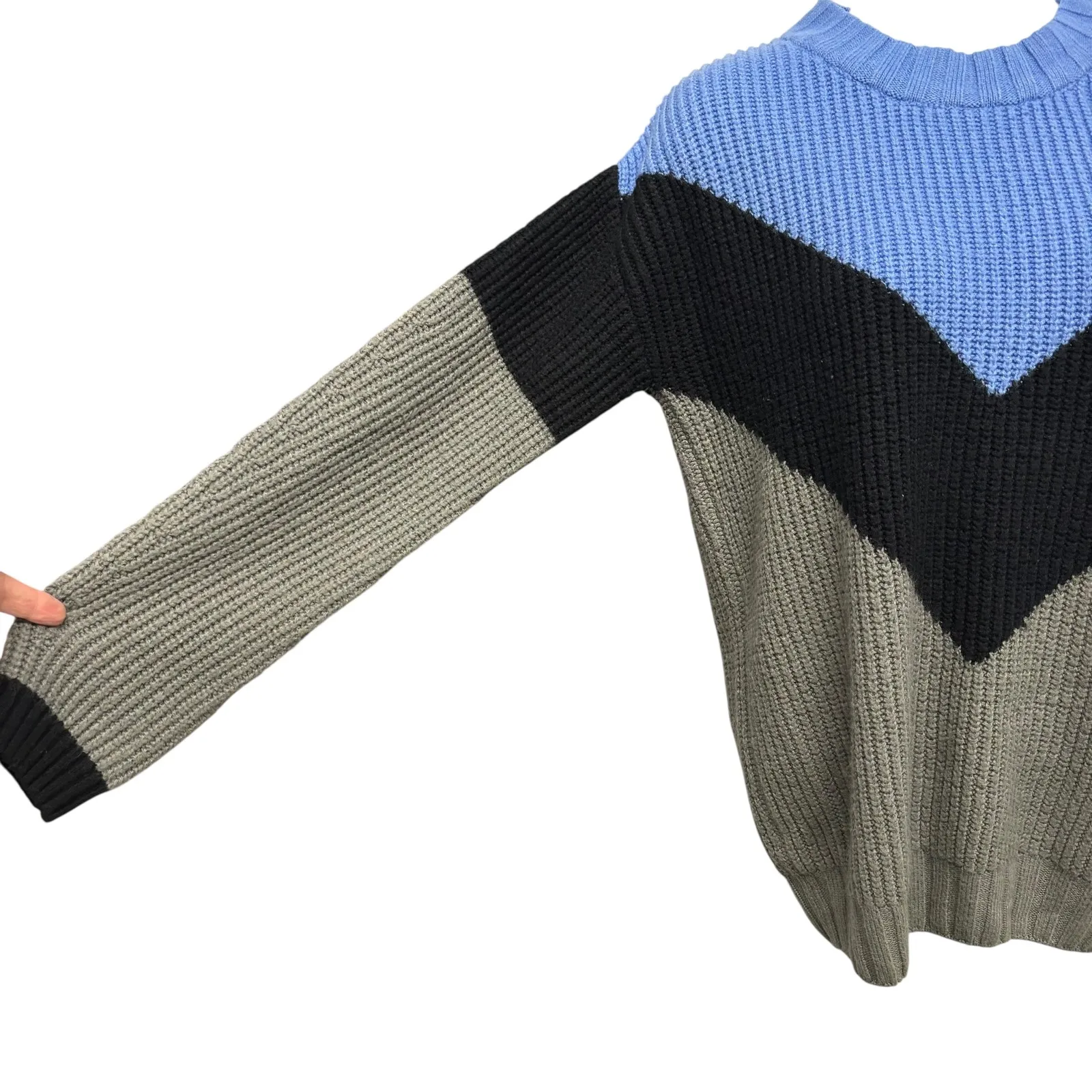 Color Block Knit Sweater Blue Black Gray Chevron Pattern Acrylic Oversized Small - Image 4