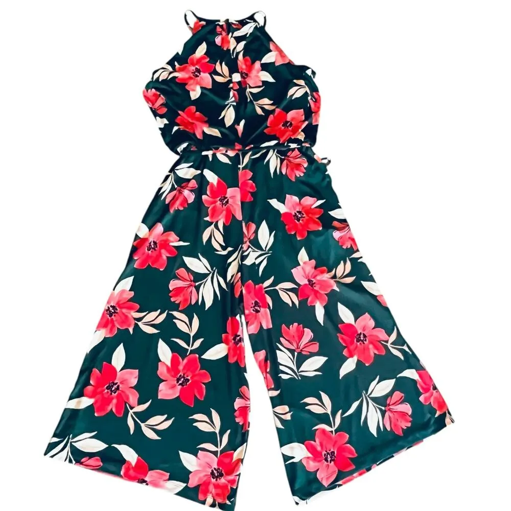 Maggy London Floral CROPPED JUMPSUIT Women's 4 Hawaiian Print Green Pink NWOT - Image 2
