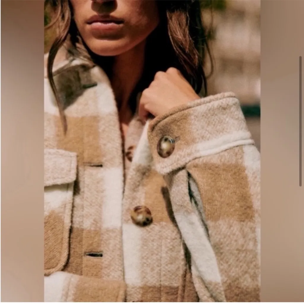 Sezane Joe Coat Shacket Buttoned Wool Blend Ecru Beige Check Size 2 EUC - Image 9