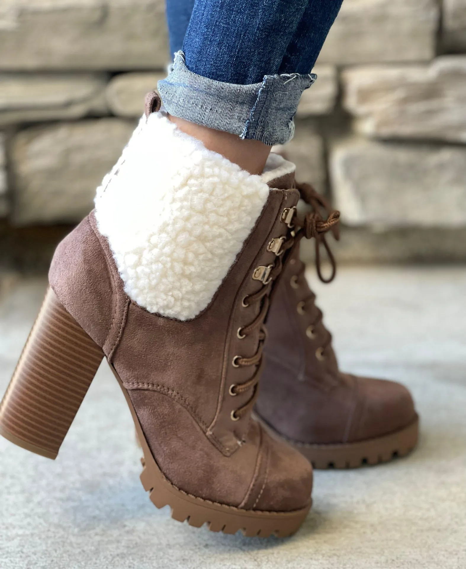 Tan Fleece lug Sole ankle Bootie  - Image 3