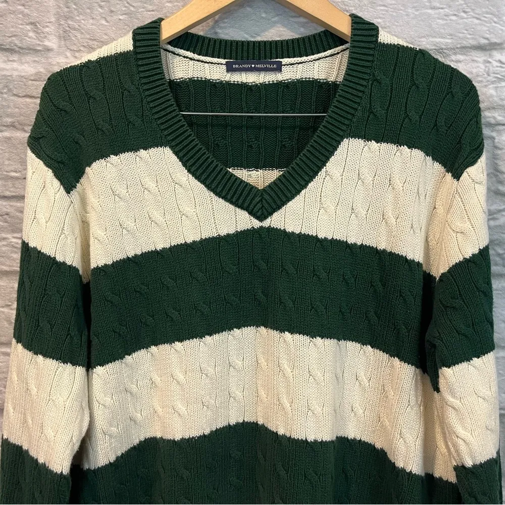Brandy Melville Green and White Nikki Cotton Stripe Cable Knit Sweater Jumper OS - Image 4