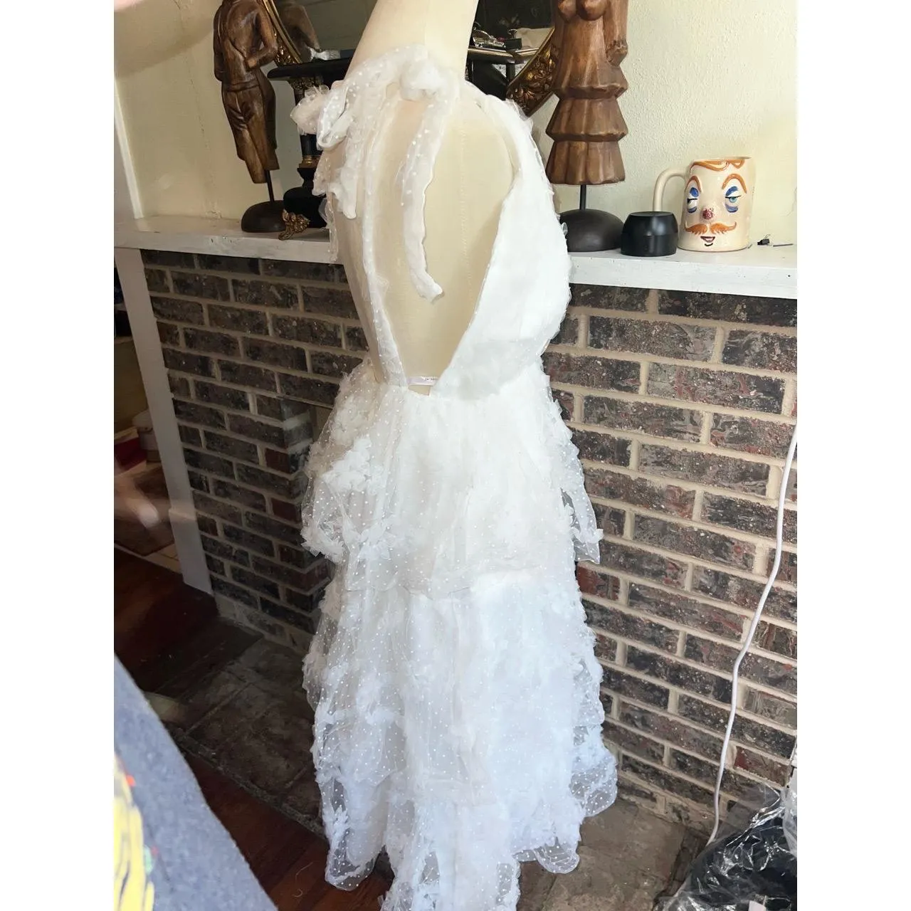 JUST ME Dress Size L White Ruffle Tiered V Neck Swiss Dot Midi Boho Open Back - Image 6