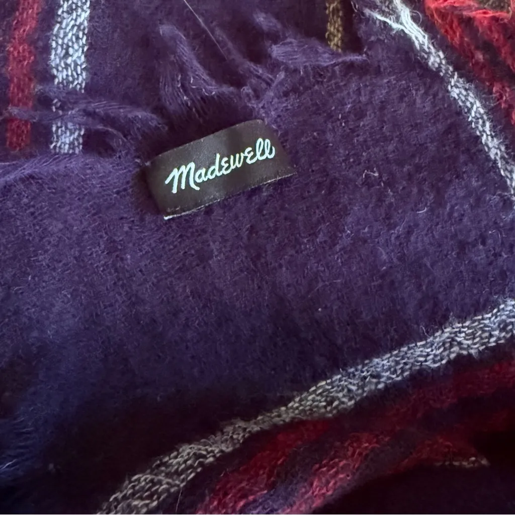 Madewell Range Plaid 100% Wool Scarf Red Navy Cream Tartan Fringe 25x72 Academia - Image 6