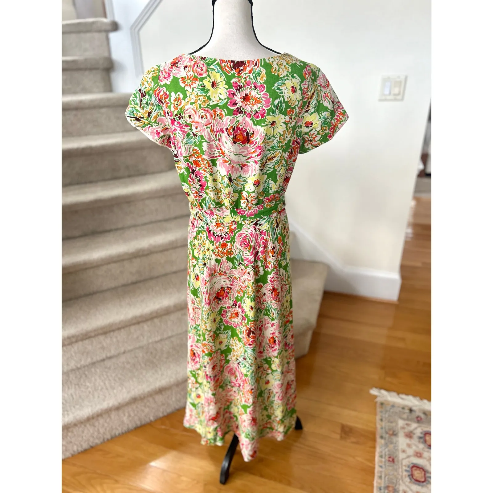 Vintage 90s Coldwater Creek Green Pink Floral Linen Button Front Midi Dress - Image 3