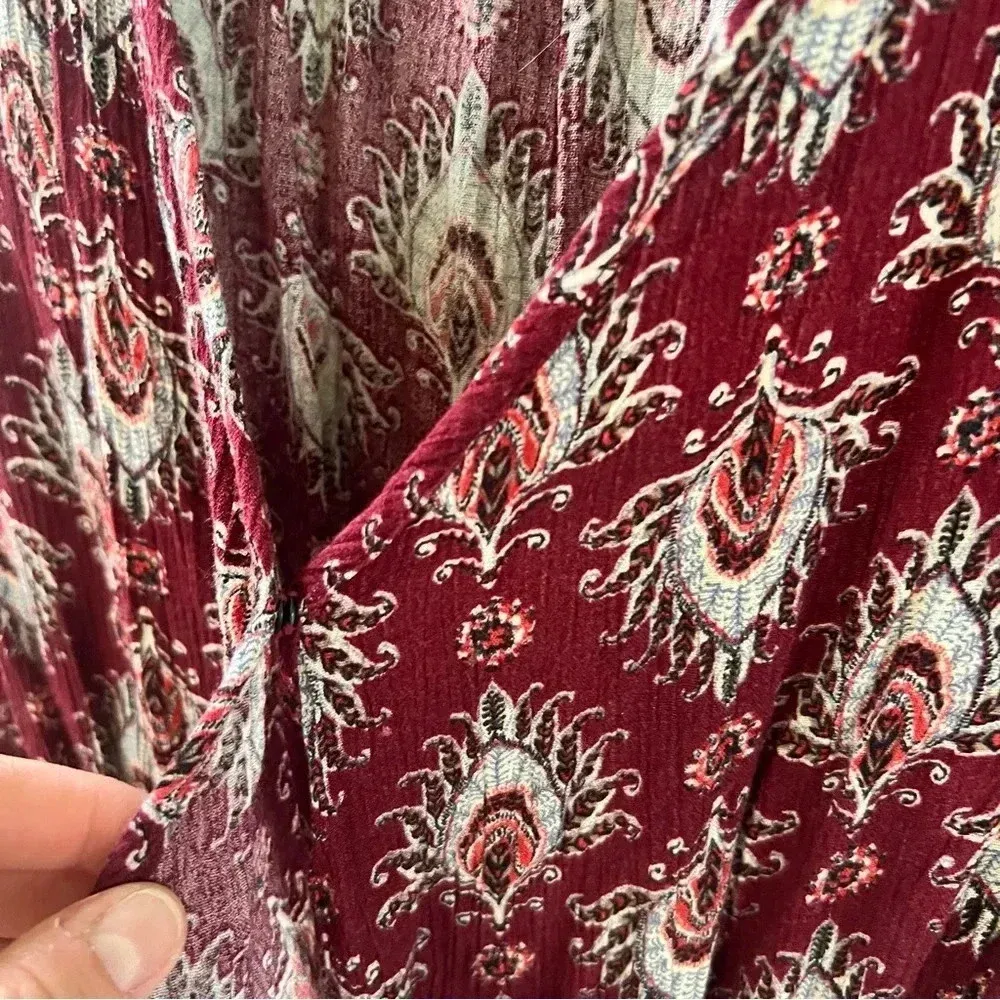 Band of Gypsies Long sleeve Deep V Burgundy Peacock‎ Feather Design Romper Small - Image 6