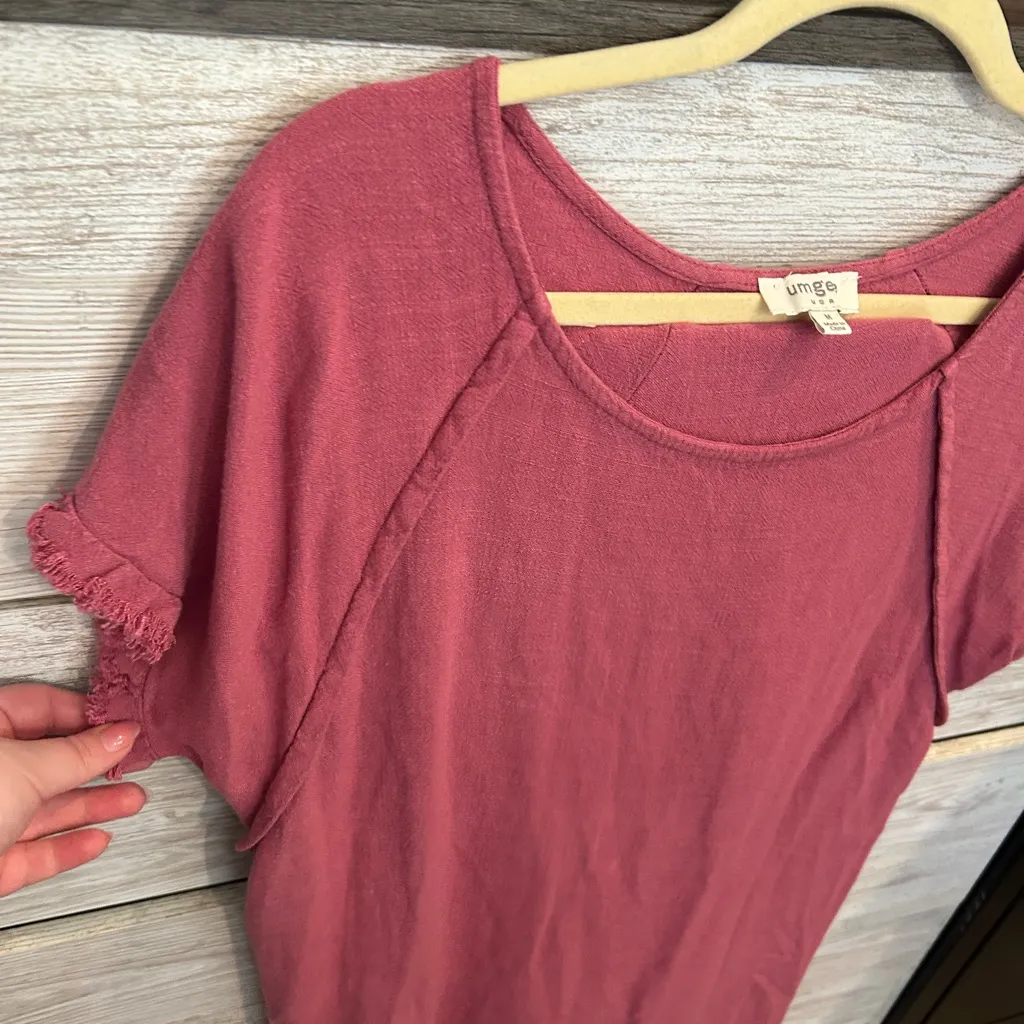 Umgee USA Dress Womens M Pink Linen Blend Lagenlook Frayed Fringe Hi Low Hem - Image 3
